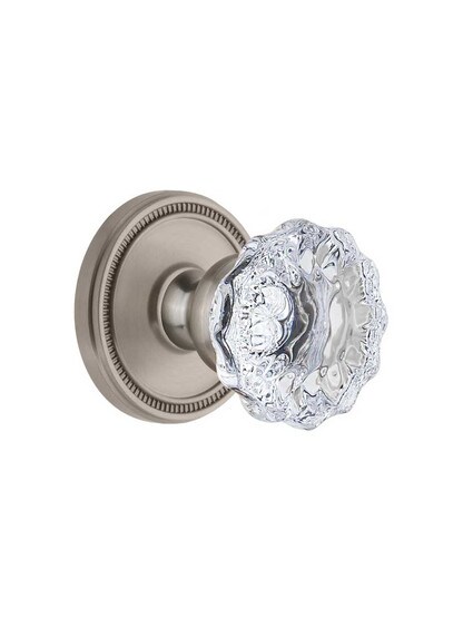 Grandeur Soleil Rosette Door Set with Fontainebleau Crystal-Glass Knobs in Satin Nickel.